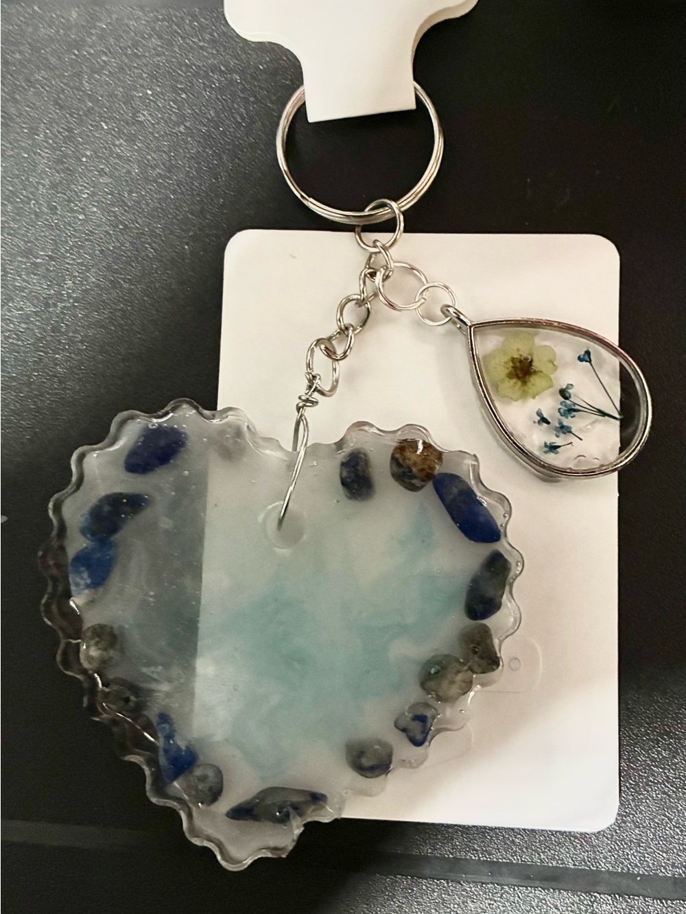 Resin Heart Keychain with Blue Stones and Floral Teardrop Charm